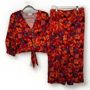 Maison d’ Amelie Paris Anthropologie Medium Red Floral Linen Blend Set Pants&Top
